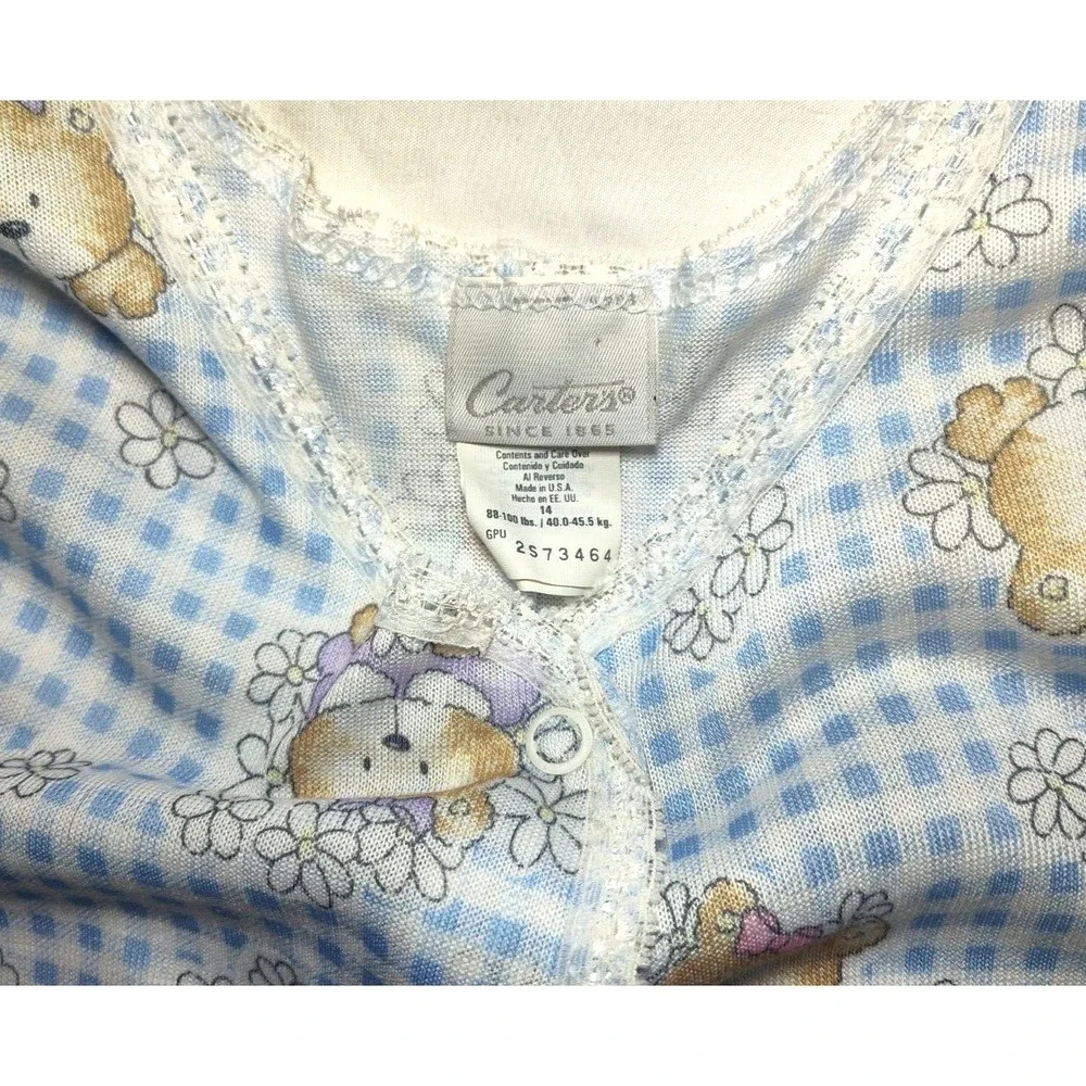 VTG Carter's Girl Sz 14 Bear 1pc Sleep Romper Pajama Blue White Flower Polyester